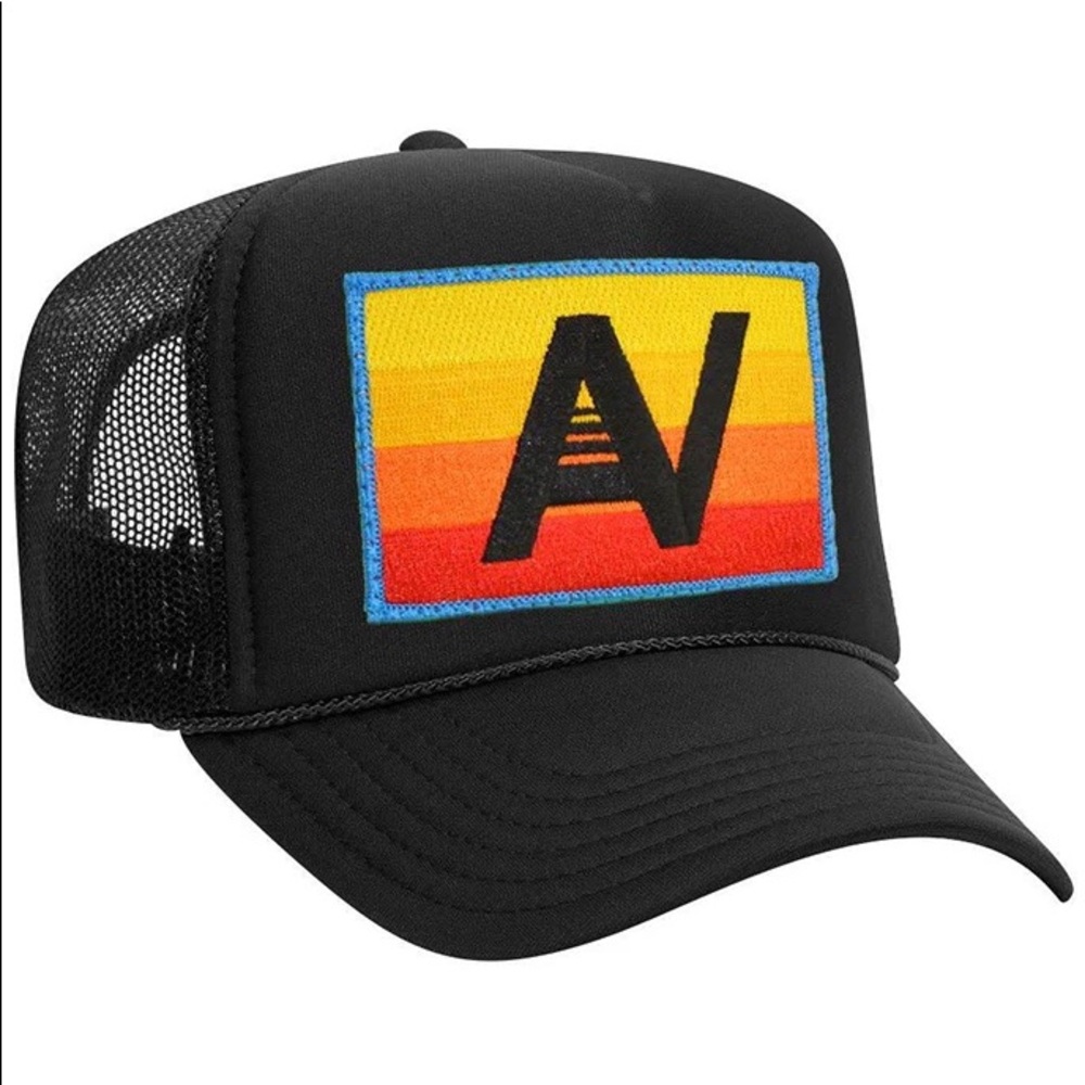 Aviator Nation Logo Rainbow Vintage Trucker Hat in Black